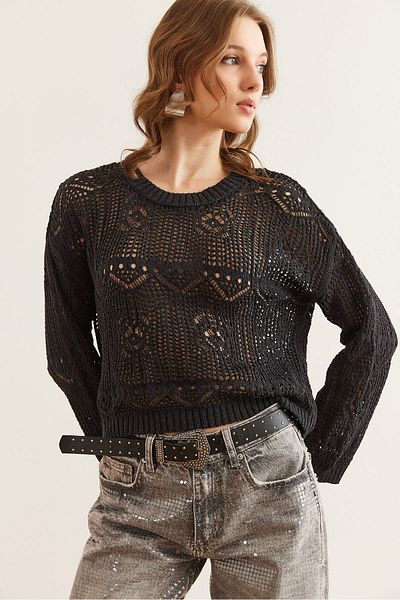 Olalook Anthrazitfarbene, ovale, gemusterte, durchbrochene, saisonale Strickbluse für Damen BLZ- 19002847
