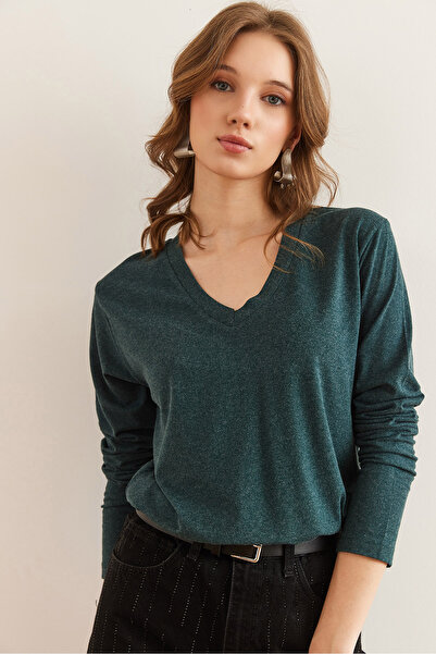 Olalook Γυναικεία σμαραγδένια πράσινη μάλλινη μπλούζα βισκόζης με λαιμόκοψη BLZ- 19002729