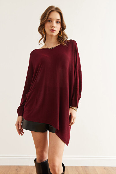 Olalook Women's Burgundy Pocket Asymmetrical Cut Viscose Knitwear Blouse Blz- 19002851