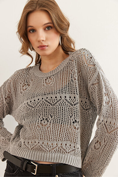 Olalook Women's Gray Oval Print Openwork Seasonal Knitwear Blouse Blz- 19002847