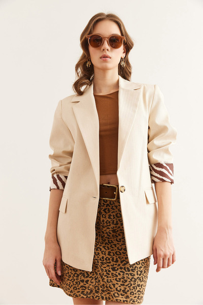 Olalook Γυναικείο λινό μπουφάν με λεπτομέρεια από πέτρα Leopard με επένδυση Premium CKT- 19000427