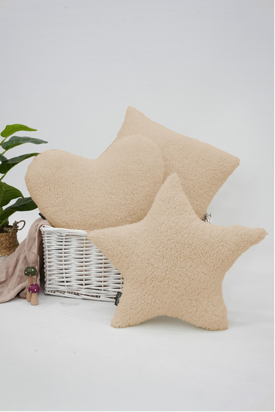 mordesign Set of 3, Teddy Fabric Soft Textured Decorative Pillow, Filled Gift Pillow (Square, Heart, Star)