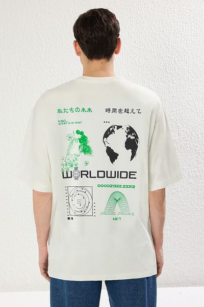 Trendyol Collection Εκρού Oversize εμπριμέ βαμβακερό μπλουζάκι - TMNSS25TS00118