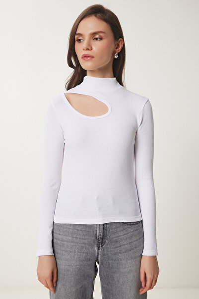 Happiness İstanbul Dámská blůza s bílým střihem a provázkem GT00065