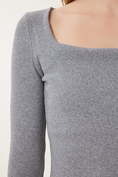 Happiness İstanbul Women's Gray Red Square Neck 2-Pack Knitted Blouse Gt00056