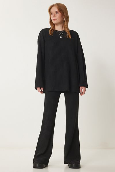 Happiness İstanbul Women's Black Casual Ribbed Knitted Blouse Pants Suit Rg00047