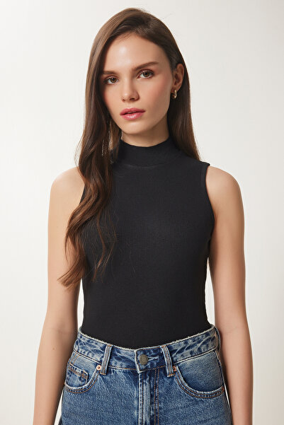 Happiness İstanbul Bluză neagră tricotată din bumbac cu gât tricotat pentru femei GT00004