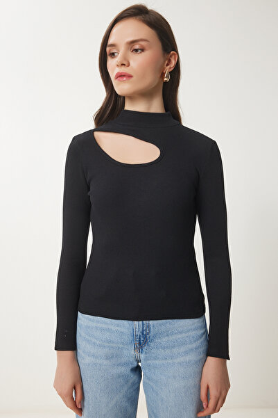 Happiness İstanbul Damen-Strickbluse in Schwarz und Weiß, 2er-Pack, ausgeschnittene, detaillierte, gerippte Strickbluse GT00235