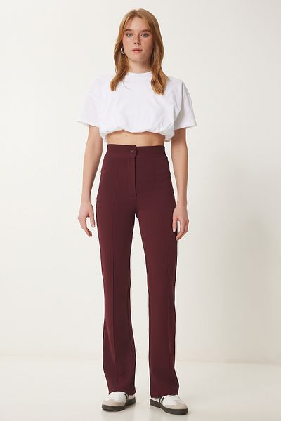 Happiness İstanbul Lässige Strickhose für Damen in Burgunderrot mit hoher Taille und Lycra RV00090