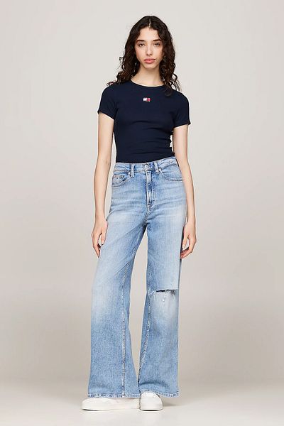 Tommy Jeans Navy Blue Crew Neck női póló - TJW SLIM BADGE RIB TEE