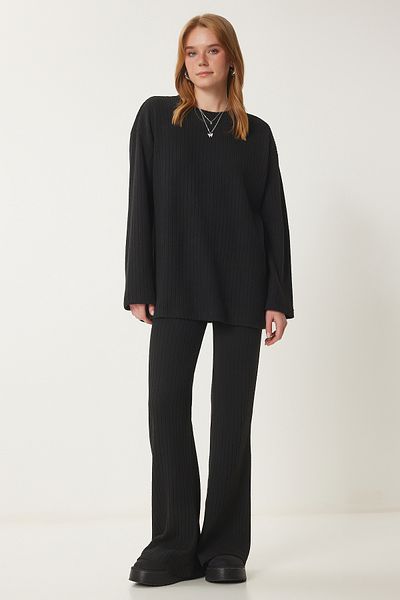 Happiness İstanbul Women's Black Casual Ribbed Knitted Blouse Pants Suit Rg00047