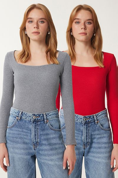 Happiness İstanbul Grau-rote Damen-Strickbluse mit quadratischem Kragen, 2er-Pack GT00056