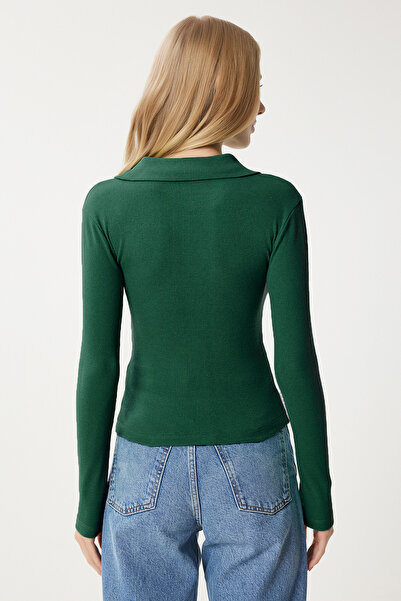 Happiness İstanbul Női zöld fehér 2 részes póló nyakú bordás kötött blúz GT00232