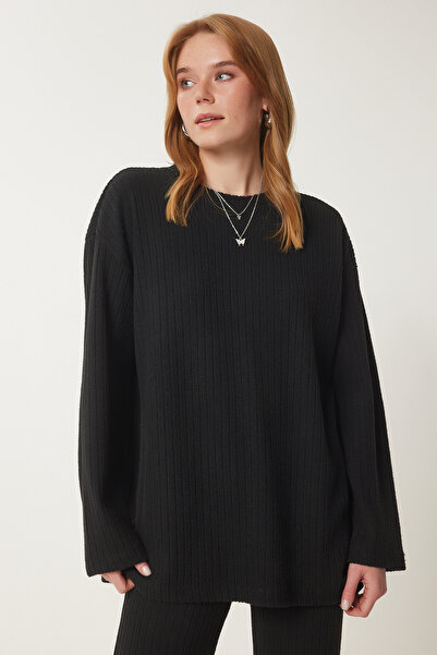 Happiness İstanbul Női fekete alkalmi bordás kötött blúz nadrágkosztüm RG00047