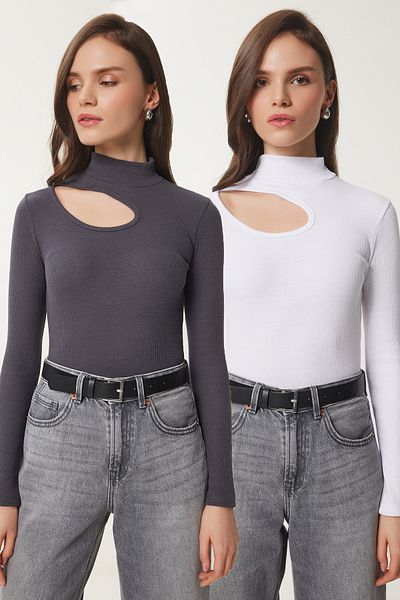 Happiness İstanbul Anthrazitweiße 2-teilige, detaillierte, gerippte Strickbluse mit Ausschnitten für Damen GT00235