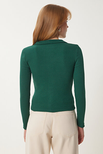 Happiness İstanbul Női zöld piros 2 részes póló nyakú bordás kötött blúz GT00232