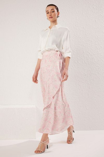 Trendyol Modest Púder virágos duplasoros szőtt szoknya TCTSS25EE00006