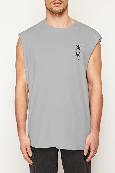 Trendyol Collection Far East Patterned Gray Oversize Athlete-T-Shirt - TMNSS23AL00007