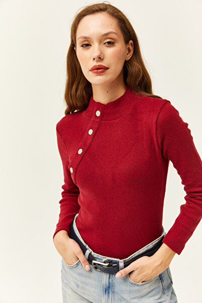 Olalook Women's Claret Red Button Detailed Half Fisherman Lycra Blouse BLZ-19001608