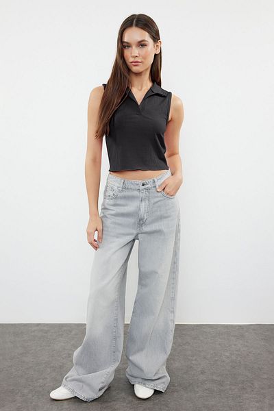 Trendyol Collection Πλεκτή μπλούζα με λαιμόκοψη από ανθρακί πόλο - ελαστικό σώμα, TWOSS22BZ0335