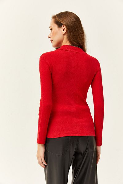 Olalook Női piros gombos, részletes fél Fisherman lycra blúz BLZ-19001608