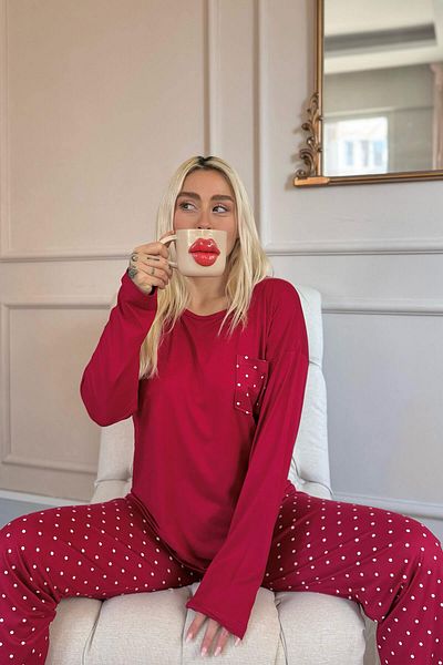 Pijamaevi Set de pijamale de damă cu mânecă lungă din bambus, roșu Claret