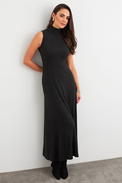 Cool & Modest Γυναικείο Ανθρακί Basic Midi Φόρεμα MEY3019
