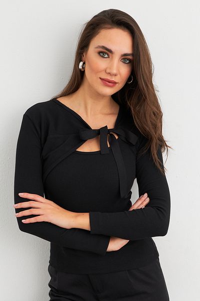Cool & Modest Γυναικεία Μαύρη Μπλούζα Καμιζόλα - Φιόγκος MEY3030