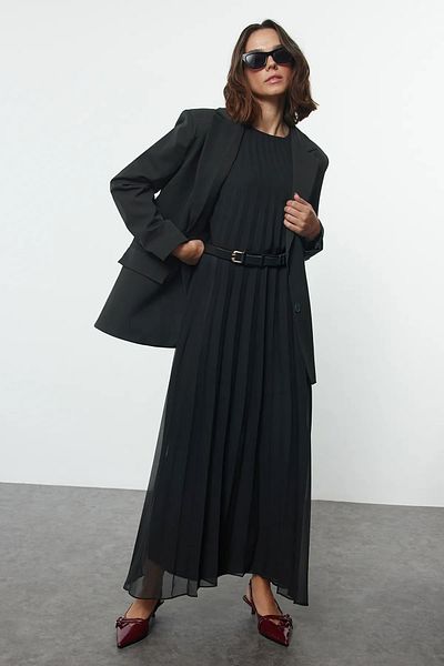 Trendyol Modest Rochie lenjerie neagră plisată - TCTAW25EB00089