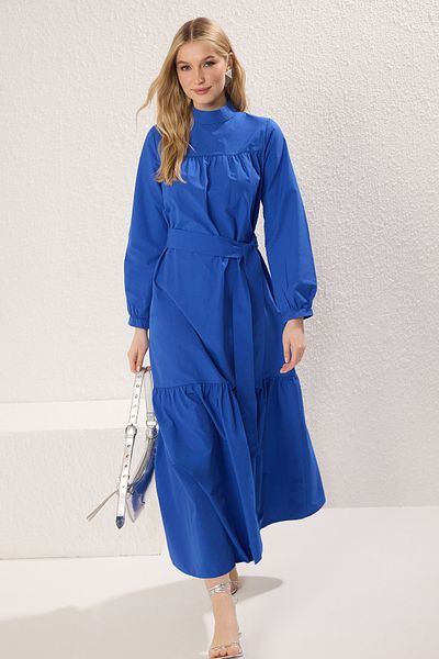 Trendyol Modest Saks Βαμβακερό υφαντό φόρεμα με ζώνη TCTSS25EB00090