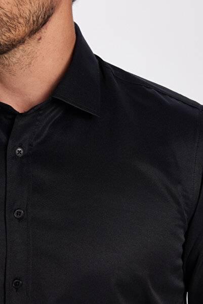Tudors Modern Slim Fit Uzun Kollu Düz Erkek Siyah Gömlek