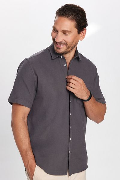 Tudors Men's Regular Fit Classic Cut 100% Cotton Linen Texture Gray Shirt with Pockets