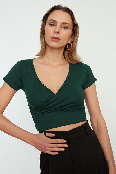 Trendyol Collection Σμαραγδένια Πράσινη ελαστική παχύρρευστη μπλούζα με διπλό στήθος - TWOSS22BZ0536