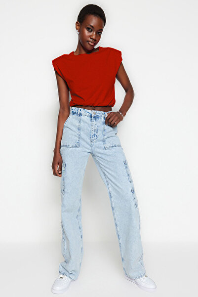 Trendyol Collection Red Crop Crew Neck 100% βαμβακερό T-shirt - TWOSS21TS0379