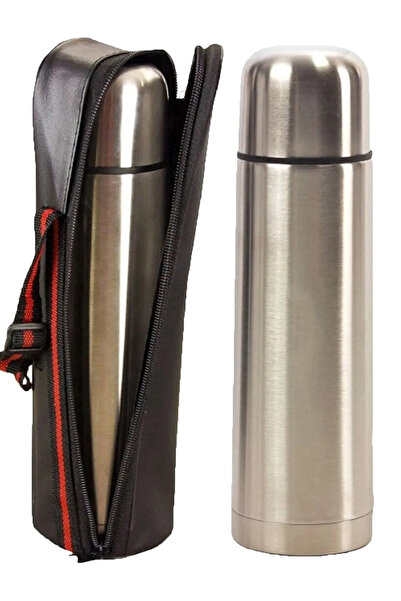 Verahed Deri Kılıflı Bardaklı Sızdırmaz 750 ml Gri Paslanmaz Çelik Küçük Mermi Termos Bardak Matara Suluk.