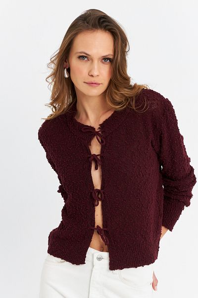 Cool & Sexy Women's Burgundy Drawstring Knitwear Yv323 Cardigan