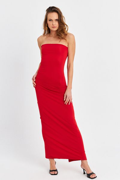 Cool & Sexy Rotes, trägerloses Midikleid mit Schlitz für Damen XC005