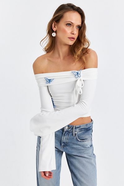 Cool & Sexy Ecru Damenbluse mit Schmetterlingskragen und Madonna-Kragen FLU7196