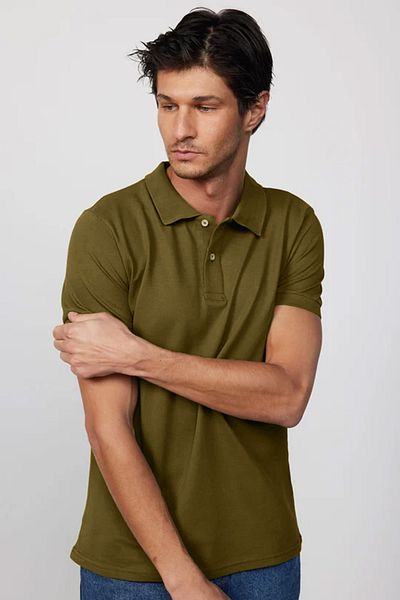 Tudors Tricou pentru bărbați, slim fit, 100% bumbac, uni piqué kaki, cu guler polo