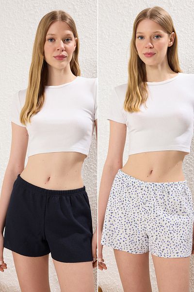 Trendyol Collection 2er-Pack Baumwoll-Waffel-Pyjama-Unterhosen mit Blumendruck in Marineblau und Ecru – THMSS25PJ00021