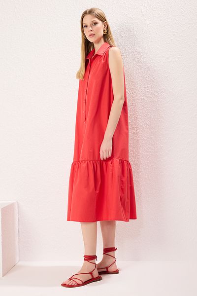 Trendyol Collection Pomegranate Flower Straight Straight Cut Midi Woven Dress Twoss25El00439