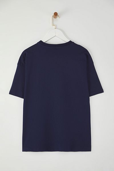 Trendyol Collection Navy Blue Embroidered Oversize Knitted T-Shirt - 100% Cotton Twoss25Ts00069