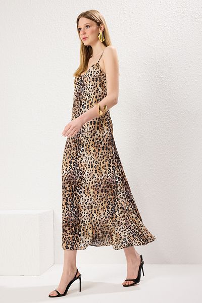 Trendyol Collection Καφέ μάξι υφαντό φόρεμα με λεοπάρ σχέδιο TWOSS23EL02416