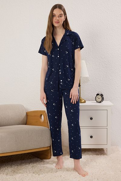 Trendyol Collection Navy Blue Galaxy Patterned Knitted Pajamas Set Thmss25Pt00380