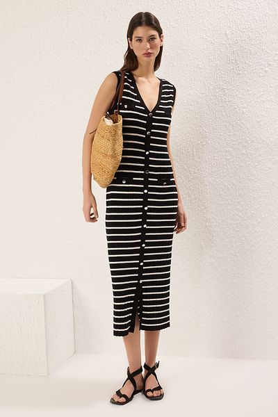 Trendyol Collection Rochie tricotată cu dungi maxi cu dungi negre TWOSS25EL00508