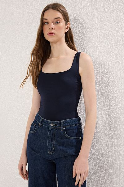 Trendyol Collection Εύκαμπτο τετράγωνο γιακά μπλε πλεκτό κορμάκι - με λεπτομέρεια στην πλάτη, κουμπωτά TWOSS24BD00026