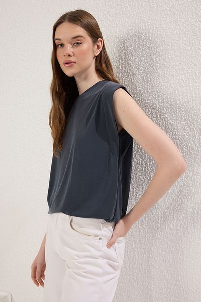 Trendyol Collection Crew Neck Knitted T-Shirt - Anthracite, Modal Content, Moon Sleeve, Regular Fit Twoss25Ts00001