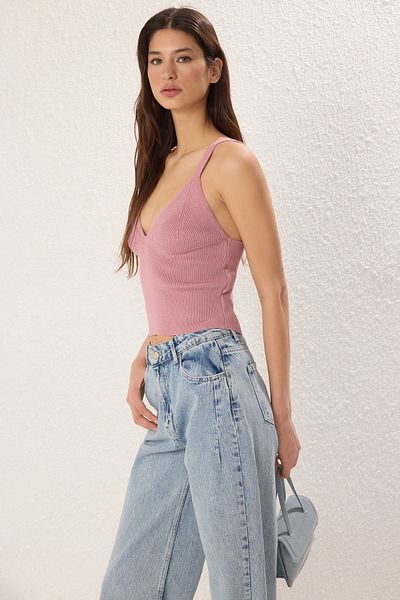Trendyol Collection Πλεκτό λουράκι Dusty Rose Crop Λεπτή μπλούζα TWOSS25BZ00309