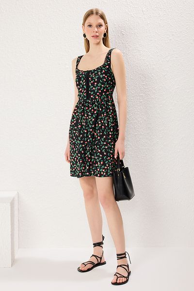 Trendyol Collection Μαύρη φλοράλ φούστα Μίνι υφαντό φόρεμα με ανοιγόμενη μέση TWOSS25EL00419