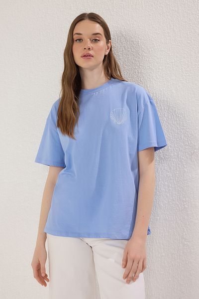 Trendyol Collection Tricou supradimensionat tricotat - Albastru, imprimat pe spate TWOSS25TS00106
